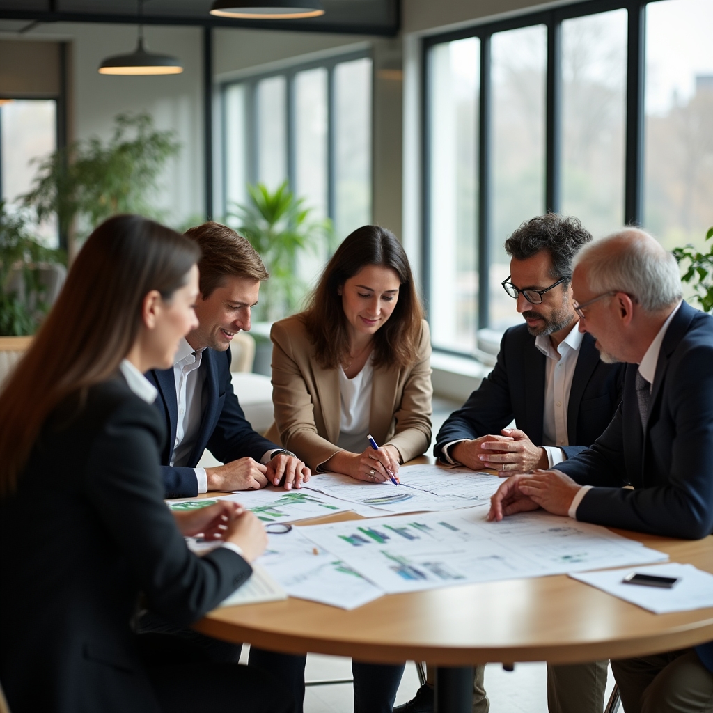 Schulungsteilnehmer diskutieren Sanierungsfahrplan an einem Tisch